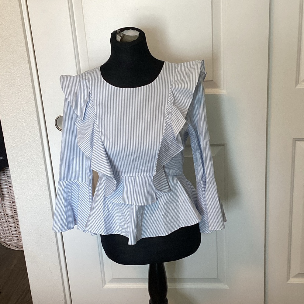 BCBG Maxazria Elegant Ruffle Striped Blouse - Blue and White S NWT